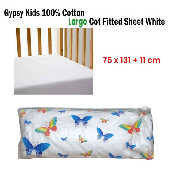 Gypsy Kids 100% Cotton Large Cot Fitted Sheet White 75 x 131 + 11 cm