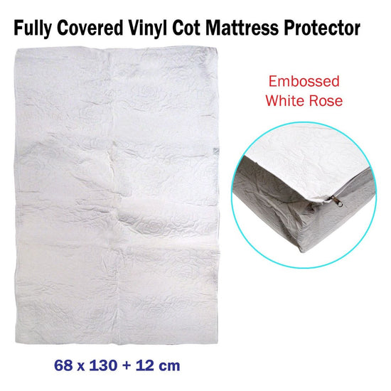 Fully Covered Vinyl Cot Mattress Protector Embossed Rose White 68 x 130 + 12 cm