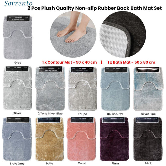 2 Pce Sorrento Plush Quality Non-slip Rubber Back Bath Mat Set Coral