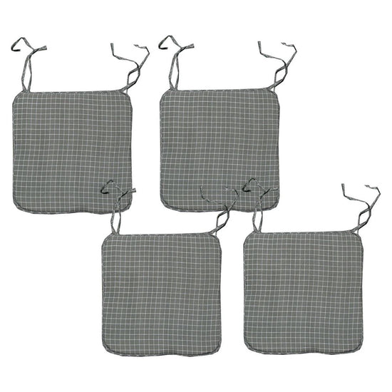 Set of 4 Square Chair Pads with Ties Small Checkered Grey