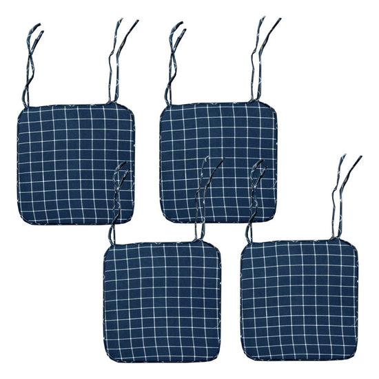 Set of 4 Square Chair Pads with Ties Checkered Navy