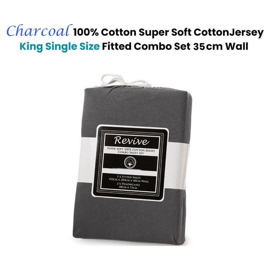 Revive Charcoal 100% Cotton Jersey Super Soft Fitted Sheet Combo Set King Single 35cm Wall