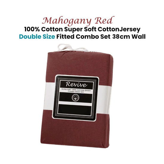 Revive Mahogany Red 100% Cotton Jersey Super Soft Fitted Sheet Combo Set Double 38cm Wall