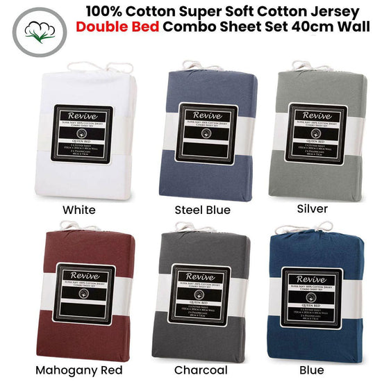 Revive Silver 100% Cotton Jersey Super Soft Fitted Sheet Combo Set Double 38cm Wall