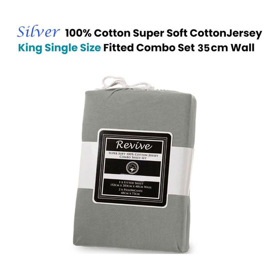 Revive Silver 100% Cotton Jersey Super Soft Fitted Sheet Combo Set King Single 35cm Wall