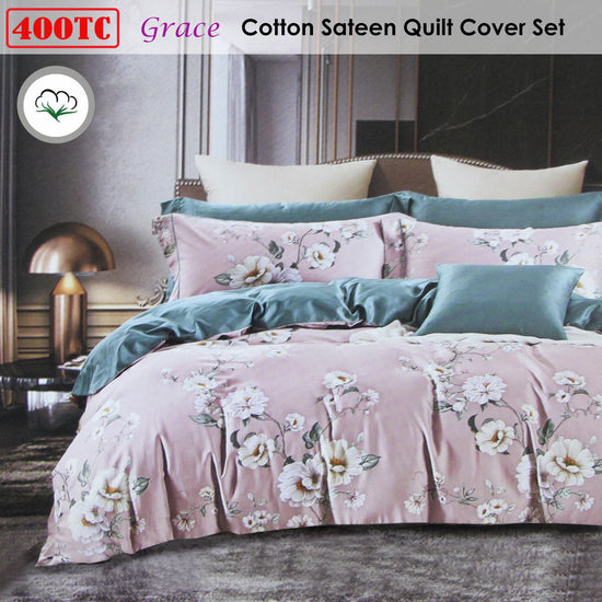 400TC Cotton Sateen Quilt Cover Set Grace Queen