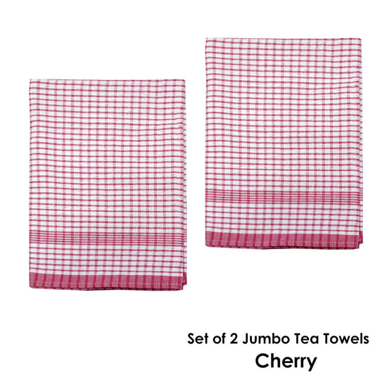 Hotel Living Set of 2 Jumbo Cotton Check Tea Towels 60x90cm Cherry