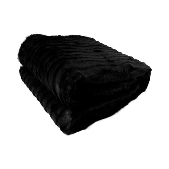 Faux Fur Striped Throw Rug Black