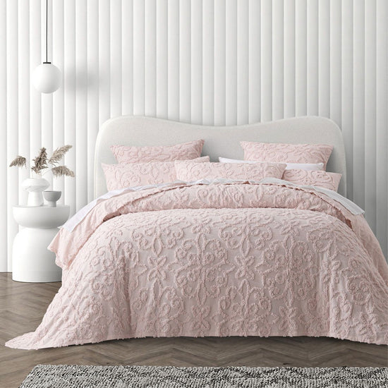 Bianca Ella Blush Cotton Chenille Floral Bedspread Set Queen