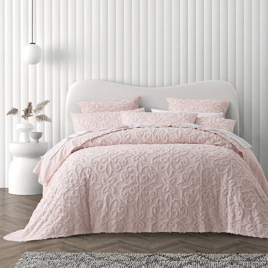 Bianca Ella Blush Cotton Chenille Floral Bedspread Set Super King