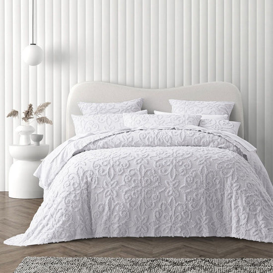 Bianca Ella White Cotton Chenille Floral Bedspread Set Super King