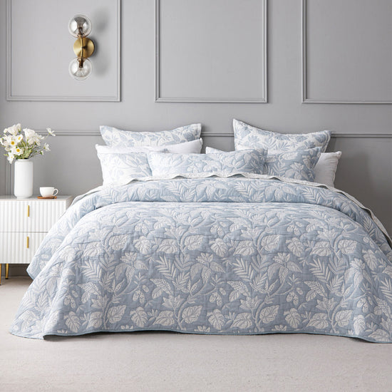 Bianca Laurieton Blue Jacquard Botanical Bedspread Set Super King