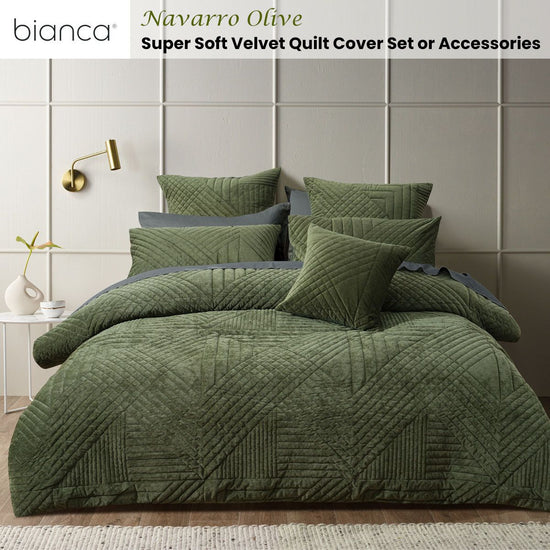 Bianca Navarro Olive Soft Velvet Geometric Quilt Cover Set Super King