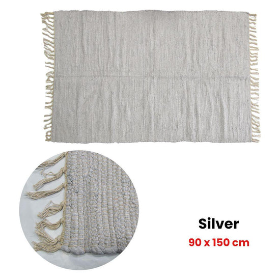 Large Chindi Cotton Handmade Floor Mat with Tassels 90 x 150 cm Silver