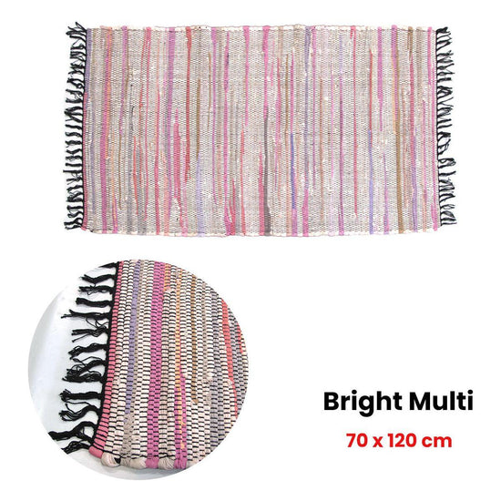 Tonal Chindi Cotton Handmade Floor Mat with Tassels 70 x 120 cm Bright Multi