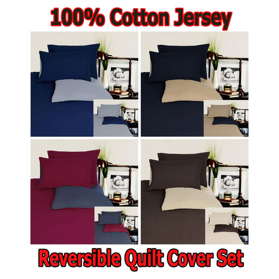 Hotel Living Reversible 100% Cotton JERSEY Quilt Cover Set Chocolate / Linen - DOUBLE