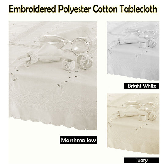 Embroidered Tablecloth - 150x225cm Oblong BRIGHT WHITE