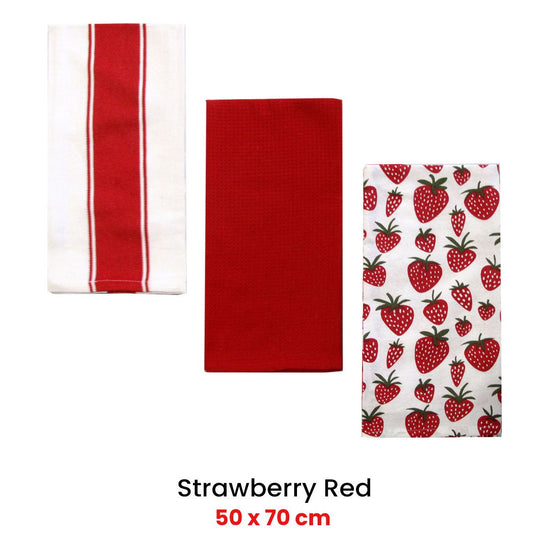 Home Oasis Set of 3 Printed Cotton Rich Tea Towels 50 x 70 cm Strawberry Red