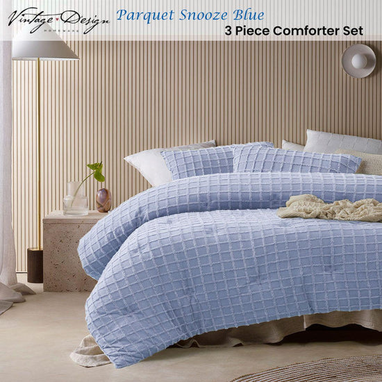 Vintage Design Homewares 3 Pcs Parquet Snooze Blue Comforter Set King