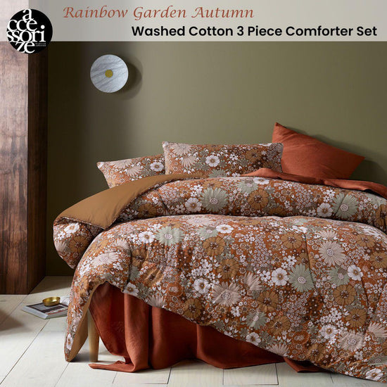 Accessorize 3 Pcs Rainbow Garden Autumn Washed Cotton Comforter Set Double