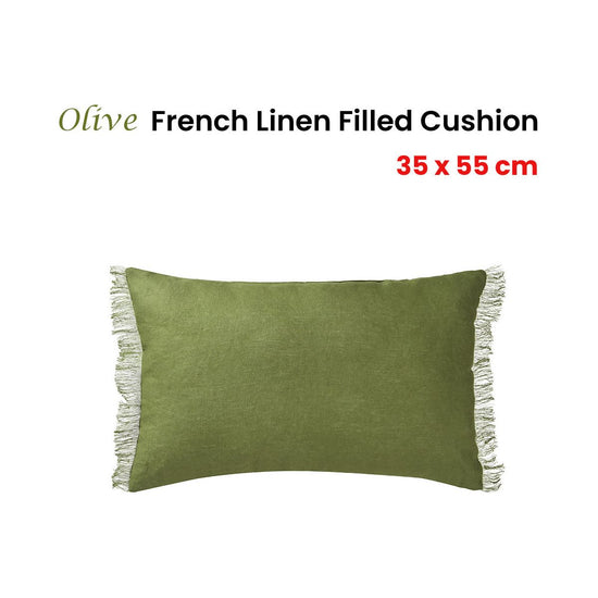 Vintage Design Homewares Olive French Linen Filled Cushion Oblong - 35cm x 55cm