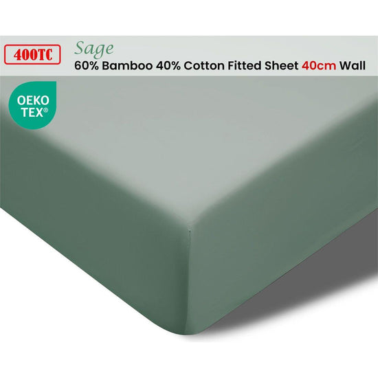 Accessorize 400TC Sage Bamboo Cotton Fitted Sheet 40cm Wall Double