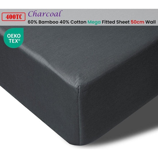 Accessorize 400TC Charcoal Bamboo Cotton Mega / Super Fitted Sheet 50cm Wall Queen