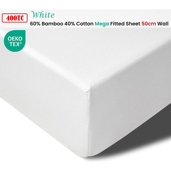 Accessorize 400TC White Bamboo Cotton Mega / Super Fitted Sheet 50cm Wall Queen