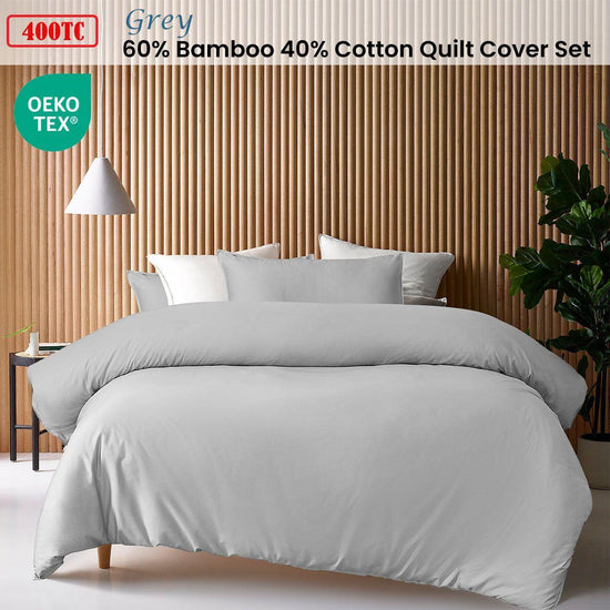 Accessorize Grey 400TC Grey Bamboo Cotton Double Stitched Quilt Cover Set Double