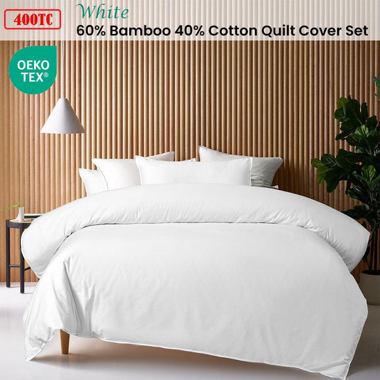 Accessorize White 400TC White Bamboo Cotton Double Stitched Quilt Cover Set Double