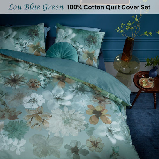 Bedding House Lou Blue Green Cotton Floral Quilt Cover Set King