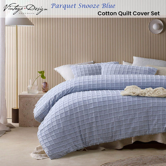 Vintage Design Homewares Parquet Snooze Blue Cotton Quilt Cover Set Queen