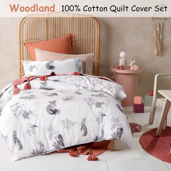 Happy Kids Woodland White Cotton Quilt Cover Set Double