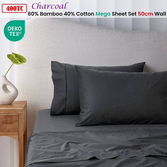 Accessorize 400TC Charcoal Bamboo Cotton Mega / Super Sheet Set 50cm Wall Queen