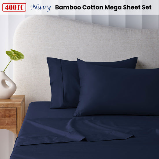 Accessorize 400TC Navy Bamboo Cotton Mega Sheet Set 50cm Wall Super King