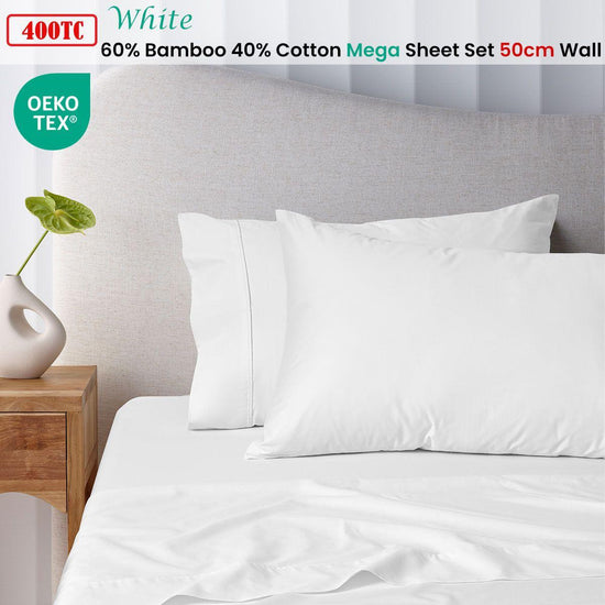 Accessorize 400TC White Bamboo Cotton Mega / Super Sheet Set 50cm Wall Super King