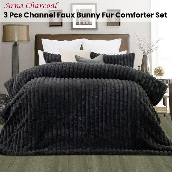 Jane Barrington Arna Charcoal 3 Pcs Channel Faux Bunny Fur Comforter Set King