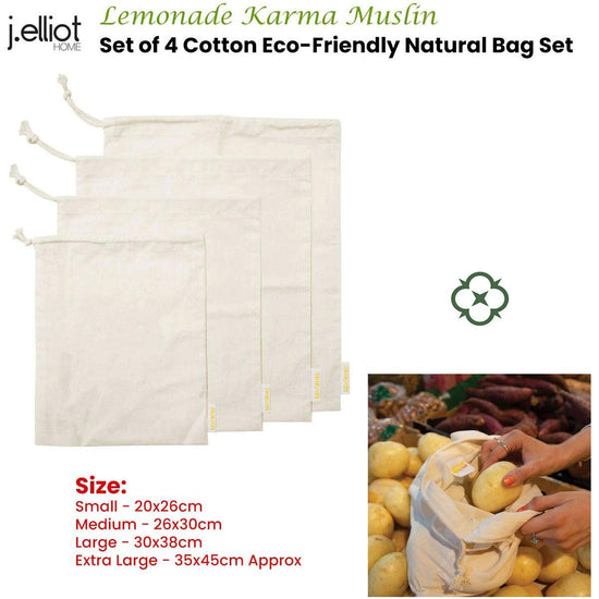 J Elliot Home Lemonade Karma Set of 4 Cotton Eco-Friendly Natural Muslin Storage Bag Set