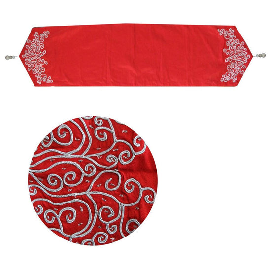 Embroidered Faux Silk Table Runner 33 x 135 cm Eve Red Silver