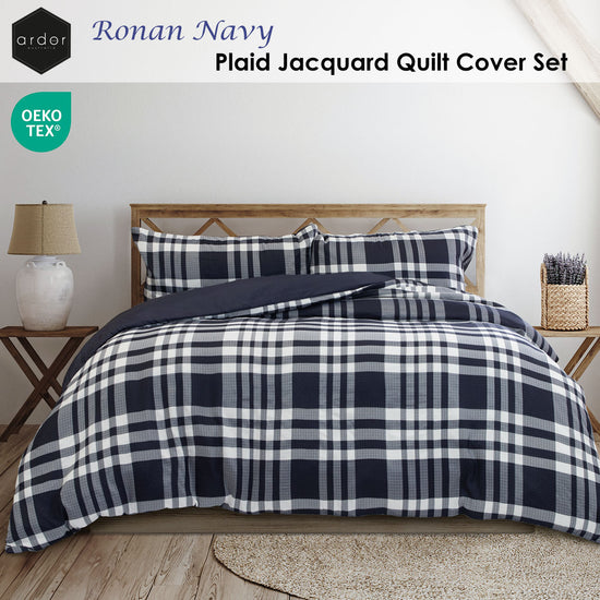 Ardor Ronan Navy Plaid Jacquard Quilt Cover Set Queen