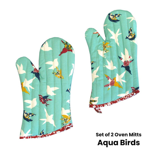 Set of 2 100% Cotton Printed Oven Mitts 34 x 15 cm Aqua Birds