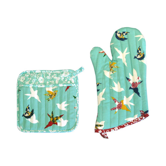 Set of 100% Cotton Printed Oven Mitt + Pot Holder Aqua Birds