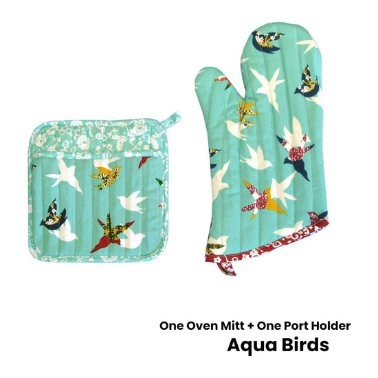 Set of 100% Cotton Printed Oven Mitt + Pot Holder Aqua Birds