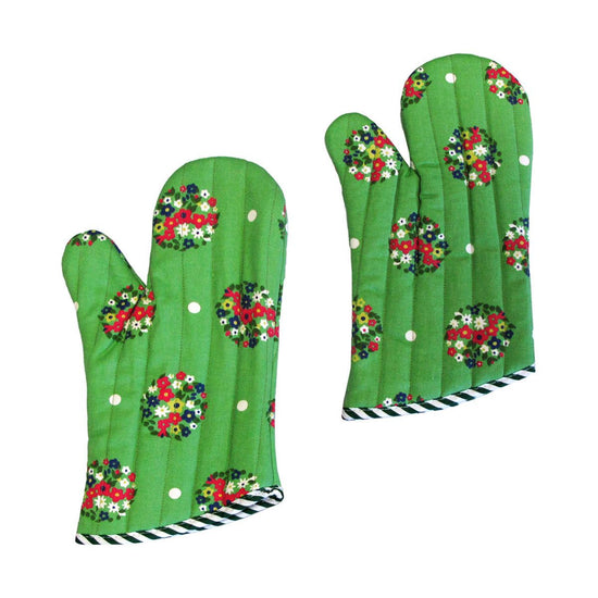 Set of 2 100% Cotton Printed Oven Mitts 34 x 15 cm Green Blossom