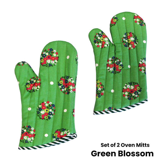 Set of 2 100% Cotton Printed Oven Mitts 34 x 15 cm Green Blossom