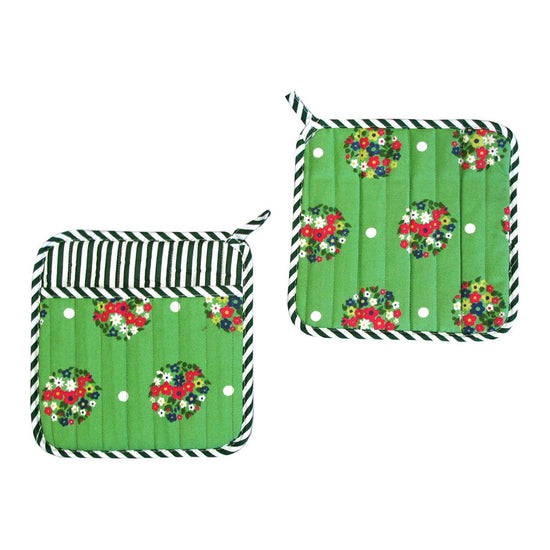 Set of 2 100% Cotton Printed Pot Holders 22 x 22 cm Green Blossom