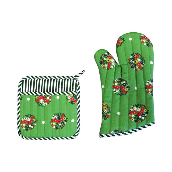 Set of 100% Cotton Printed Oven Mitt + Pot Holder Green Blossom