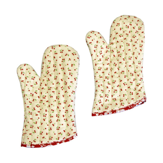 Set of 2 100% Cotton Printed Oven Mitts 34 x 15 cm Cream Cherries