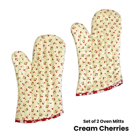 Set of 2 100% Cotton Printed Oven Mitts 34 x 15 cm Cream Cherries