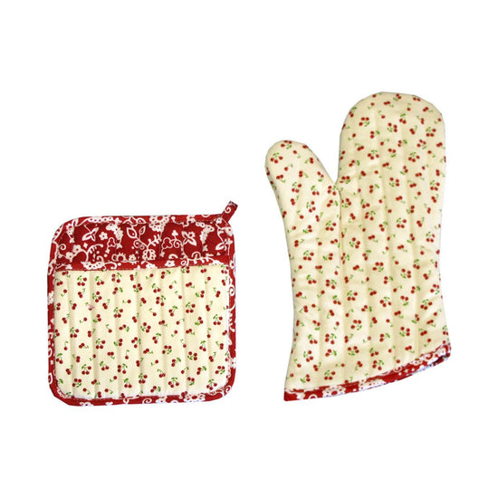 Set of 100% Cotton Printed Oven Mitt + Pot Holder Cream Cherries